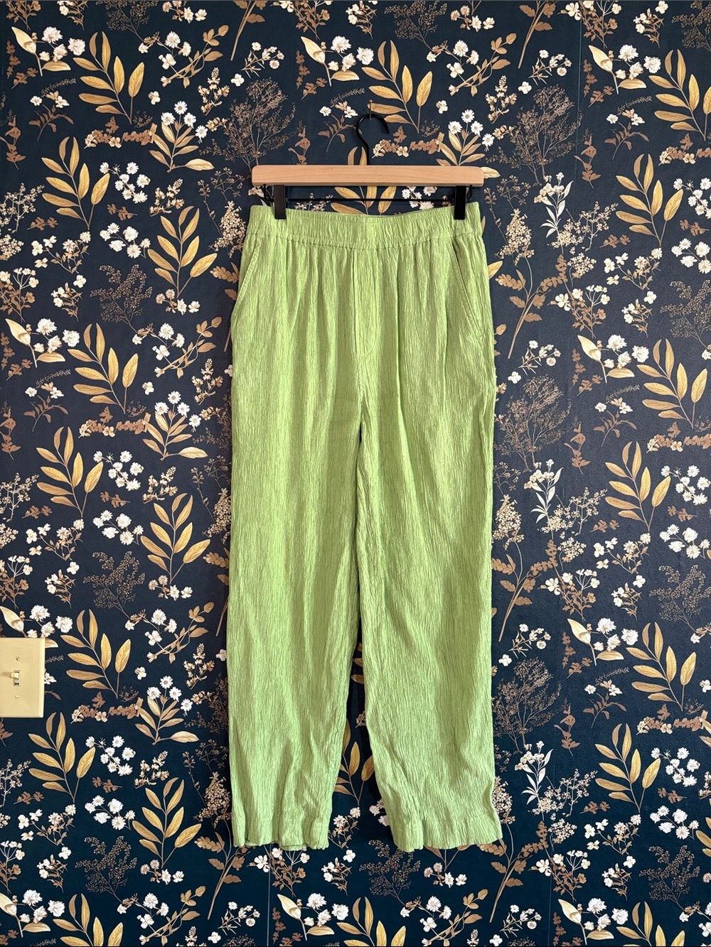 Madewell Crinkle Pull-on  Light Lime Elastic Waist Pants Size S